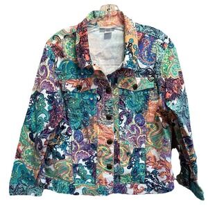 Bend Over Multicolor Paisley Denim Jacket Size 16P Pockets Button Up Collar Logo